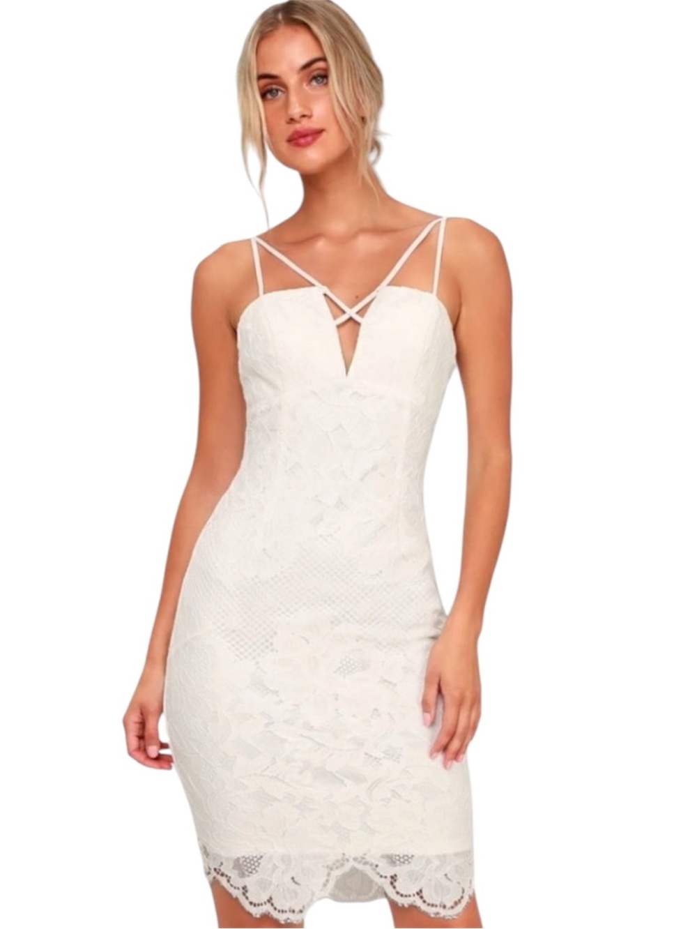 Lulu's Milestone off White floral Lace Strappy V-neck Bodycon Dress